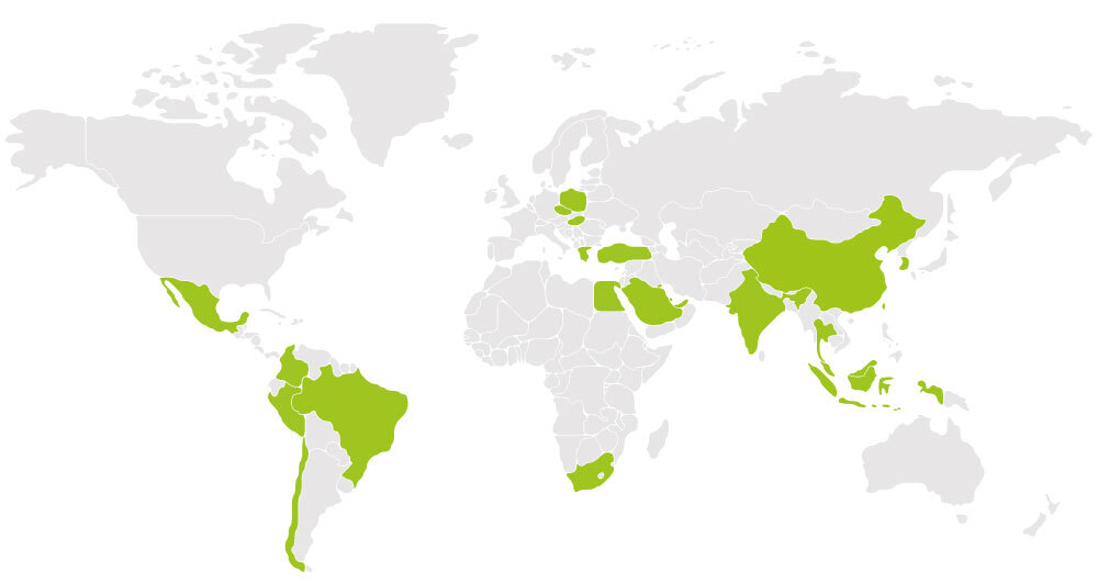 MSCI Emerging Markets - Weltkarte mit 24 Länder