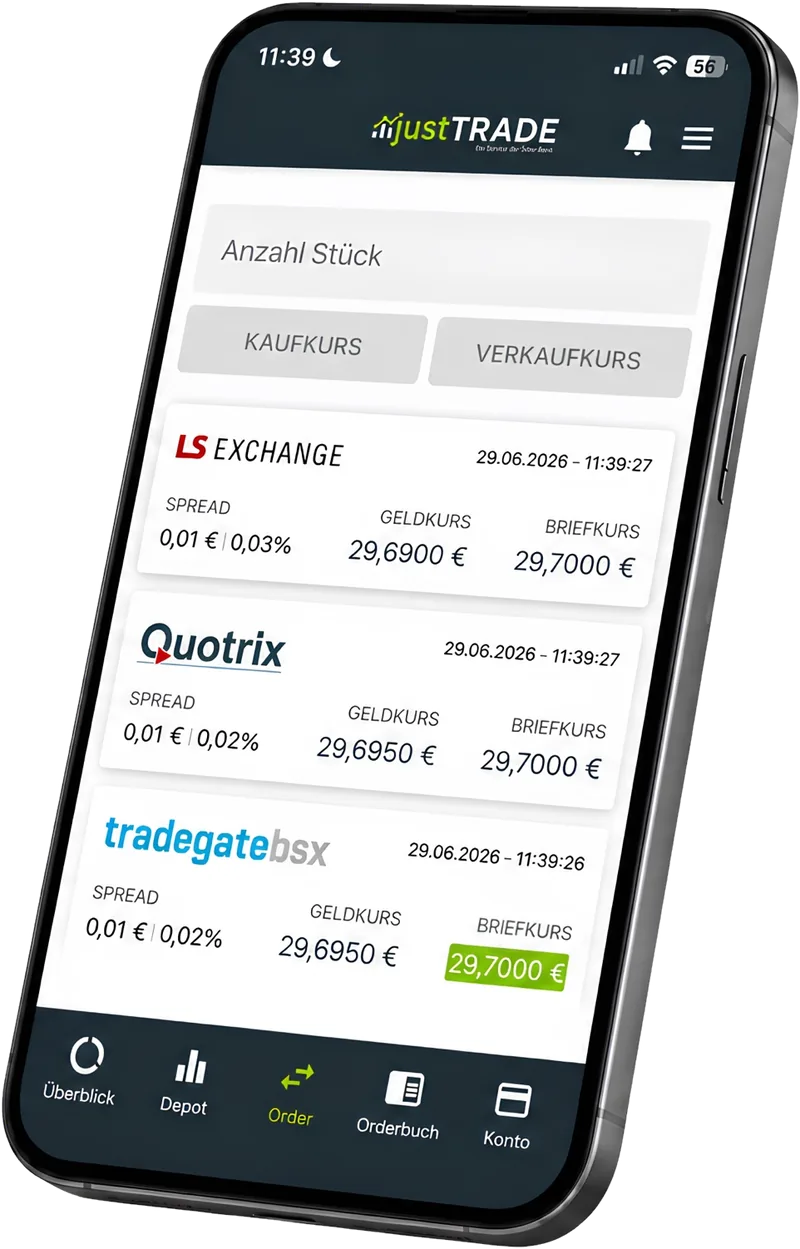 justTRADE App: Kursvergleich an drei Börsenplätzen